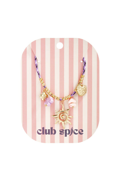 Iconic Cord Choker with purple patterned cord, gold beads, sun pendant, heart, flower, and pastel charms on display card.