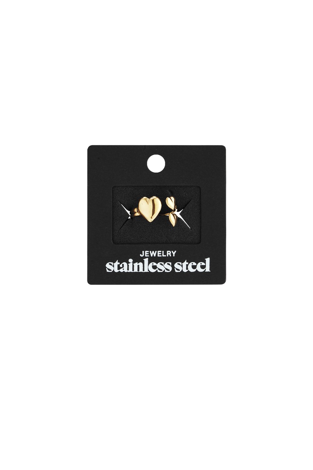 Gold-tone stainless steel Triple Heart Drip ring featuring three heart-shaped charms on a black display card.