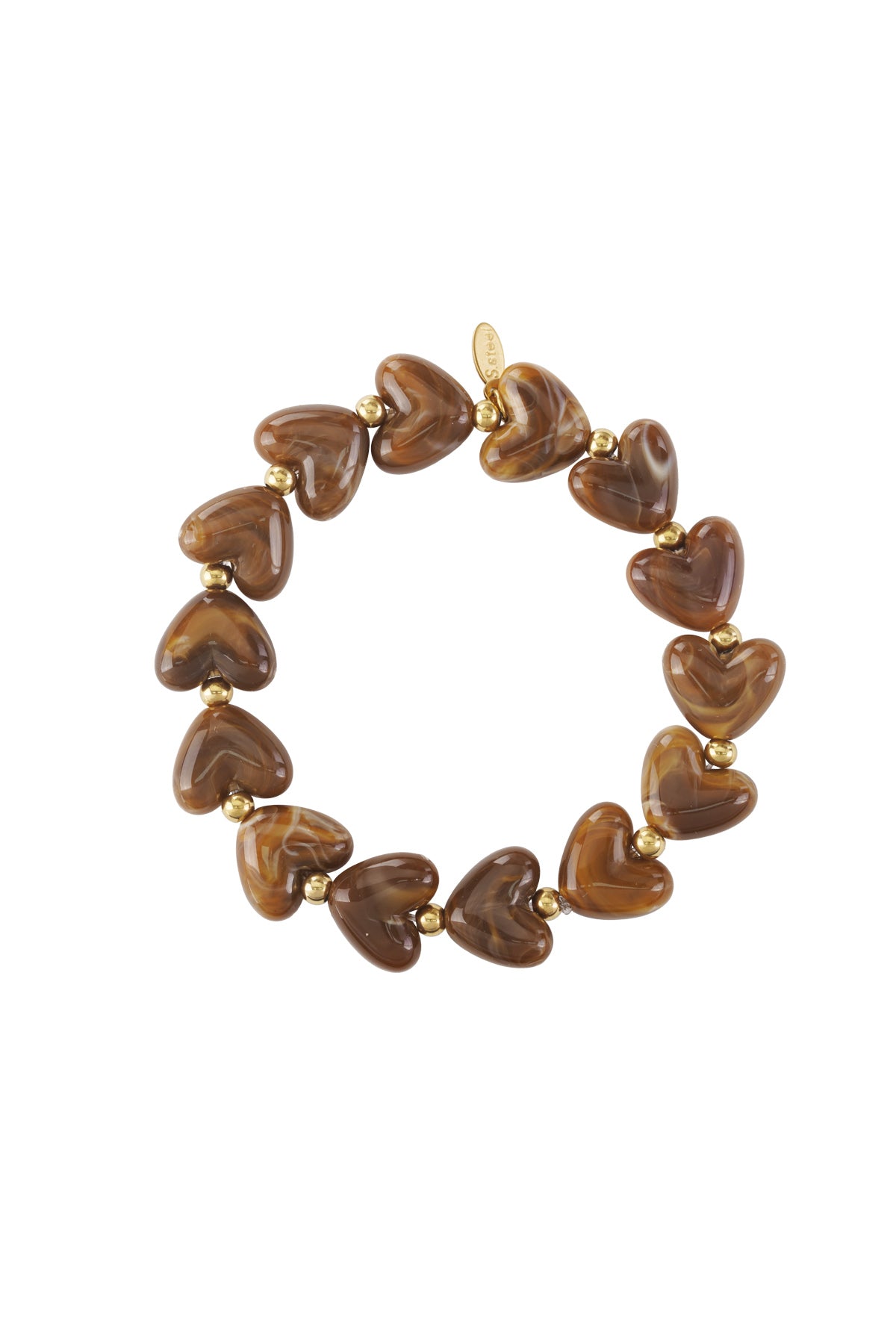 Coffee brown marbled heart beaded stretch bracelet with gold accent beads on white background
