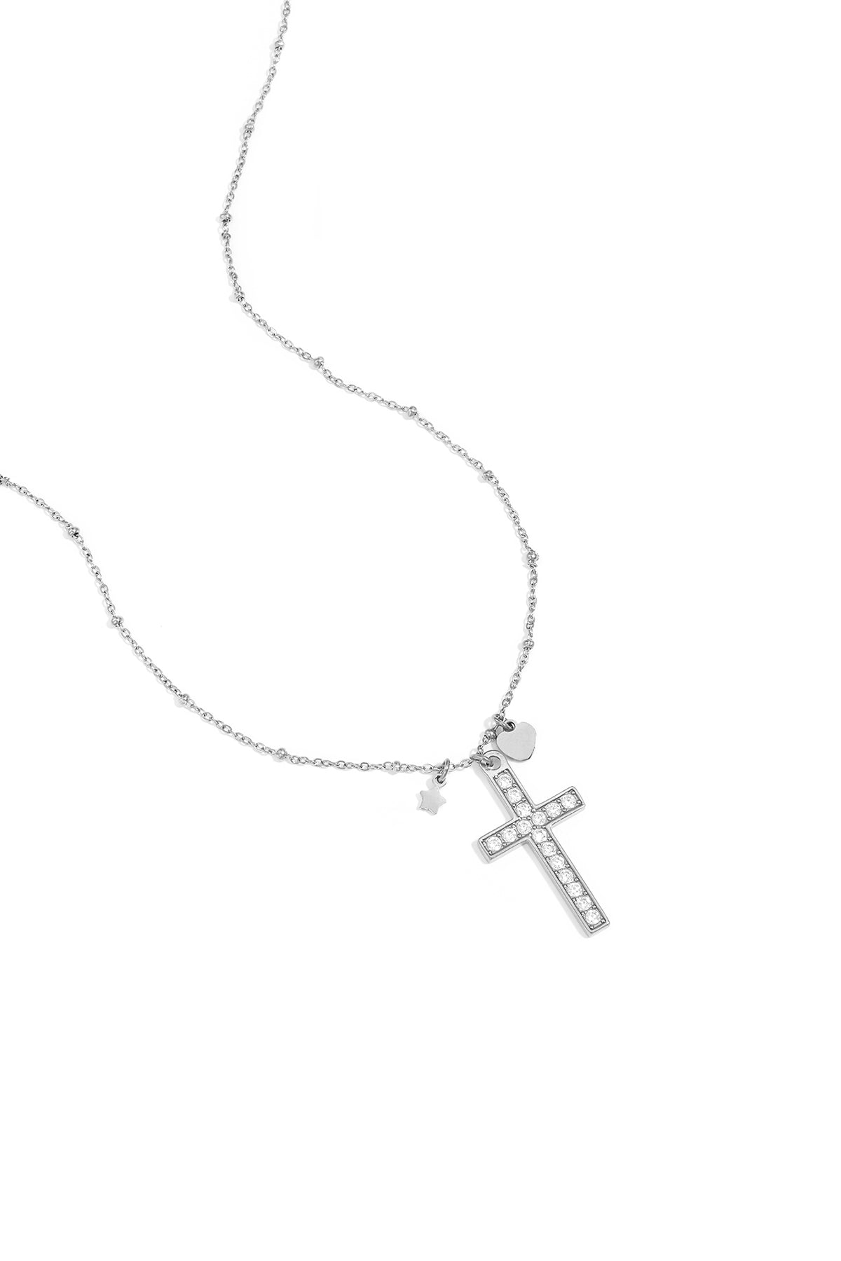 Silver tone delicate chain necklace with rhinestone-studded cross pendant and small heart and star charms