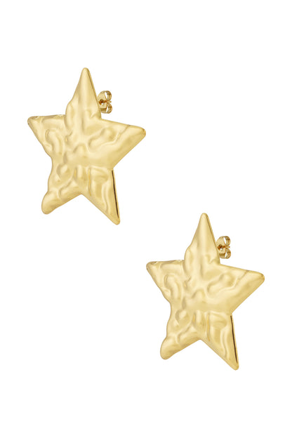 Pair of gold hammered star-shaped stud earrings shown on white background