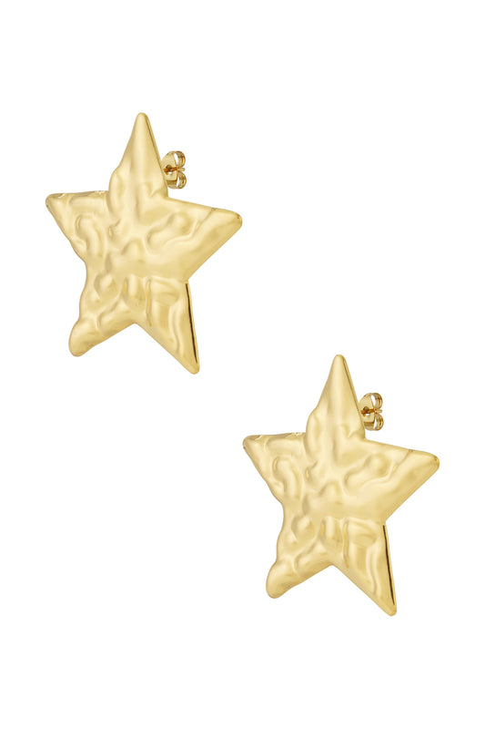 Pair of gold hammered star-shaped stud earrings shown on white background