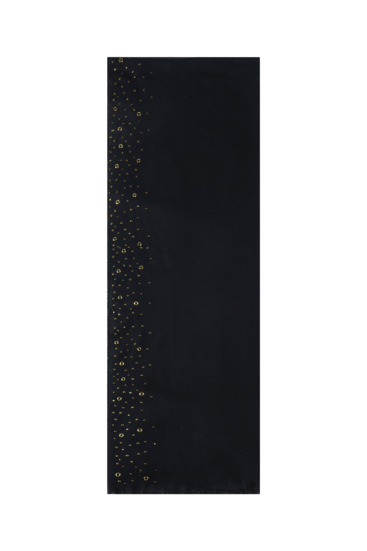 Black winter scarf featuring gold stud accents laid flat on white background