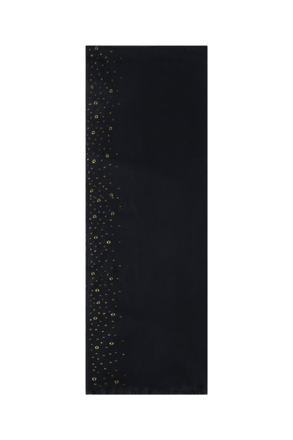 Black winter scarf featuring gold stud accents laid flat on white background