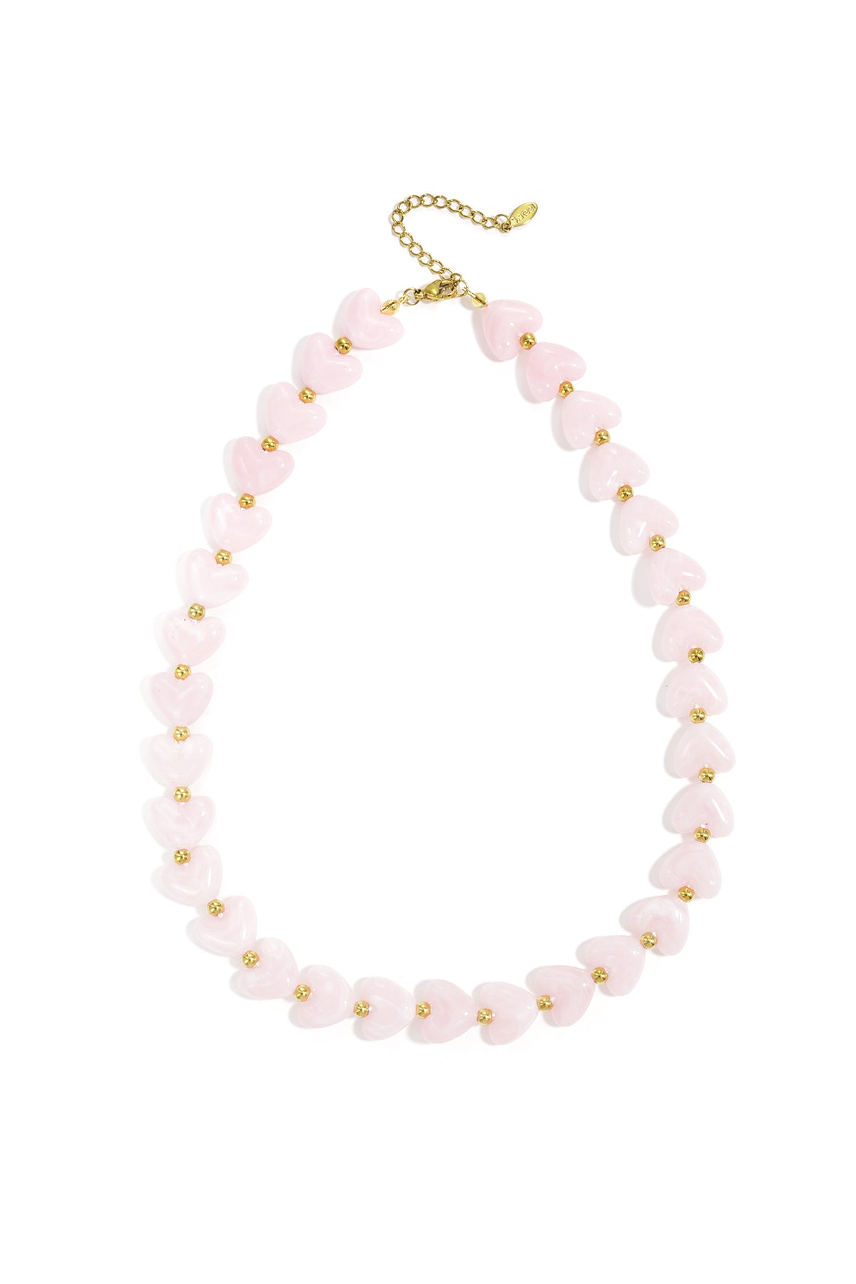 Heart Beaded Necklace with light pink heart-shaped beads separated by small gold beads on a gold chain.