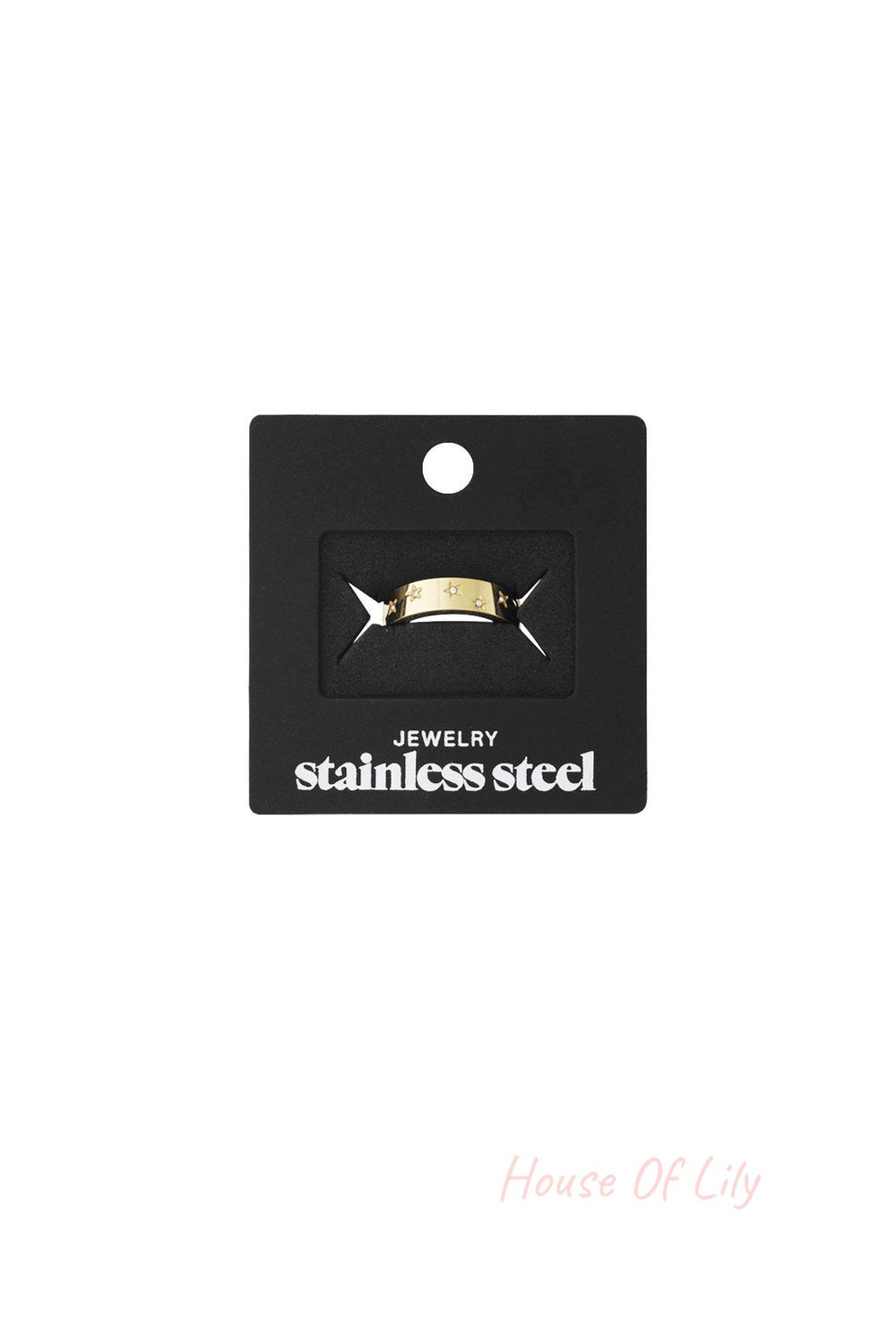 Little Stargazer Ring: A gold-tone stainless steel band featuring delicate cutout star motifs, displayed on a card.