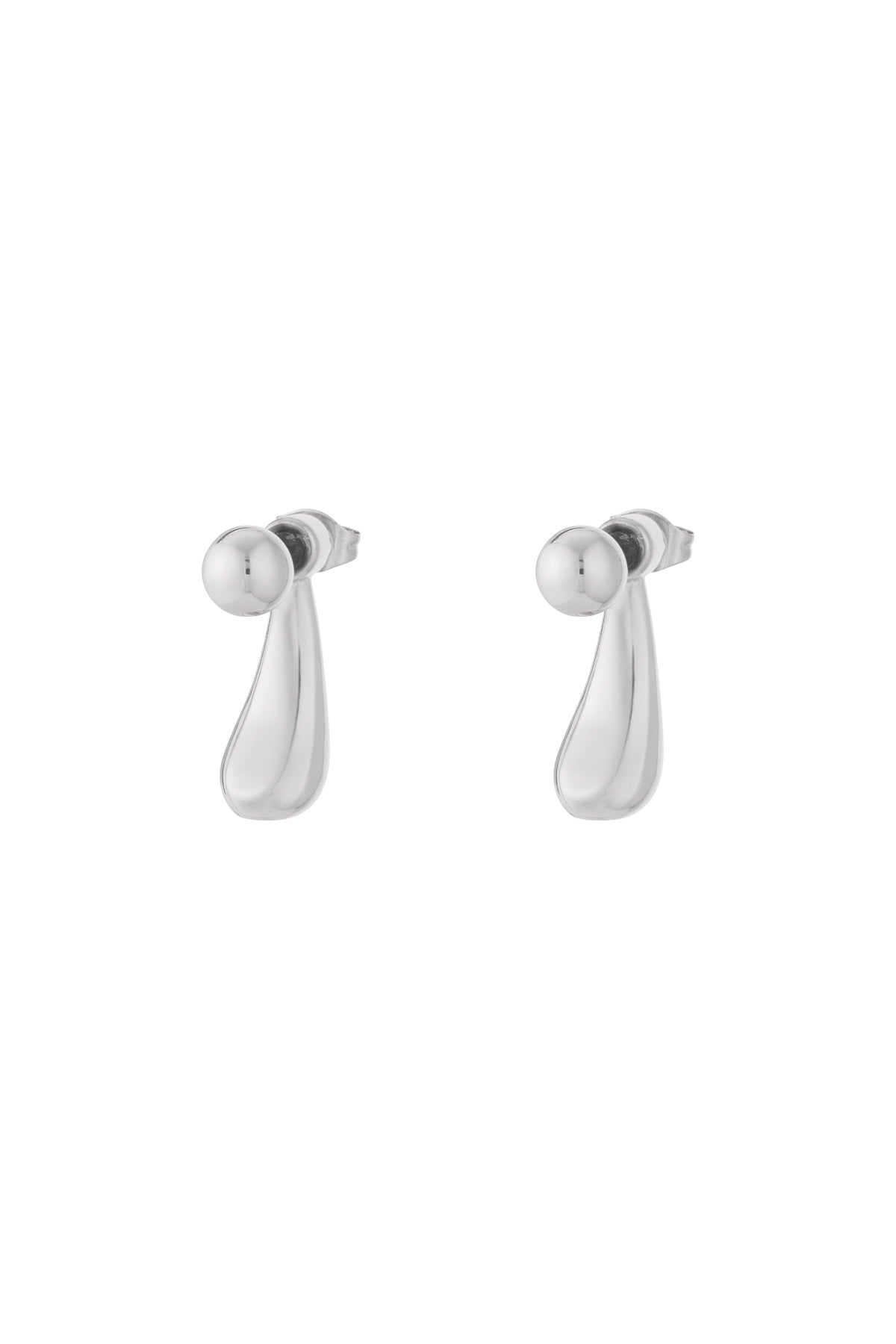 Pair of polished silver teardrop stud earrings with a smooth, minimalist design on white background