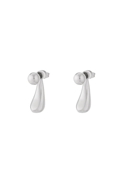 Pair of polished silver teardrop stud earrings with a smooth, minimalist design on white background
