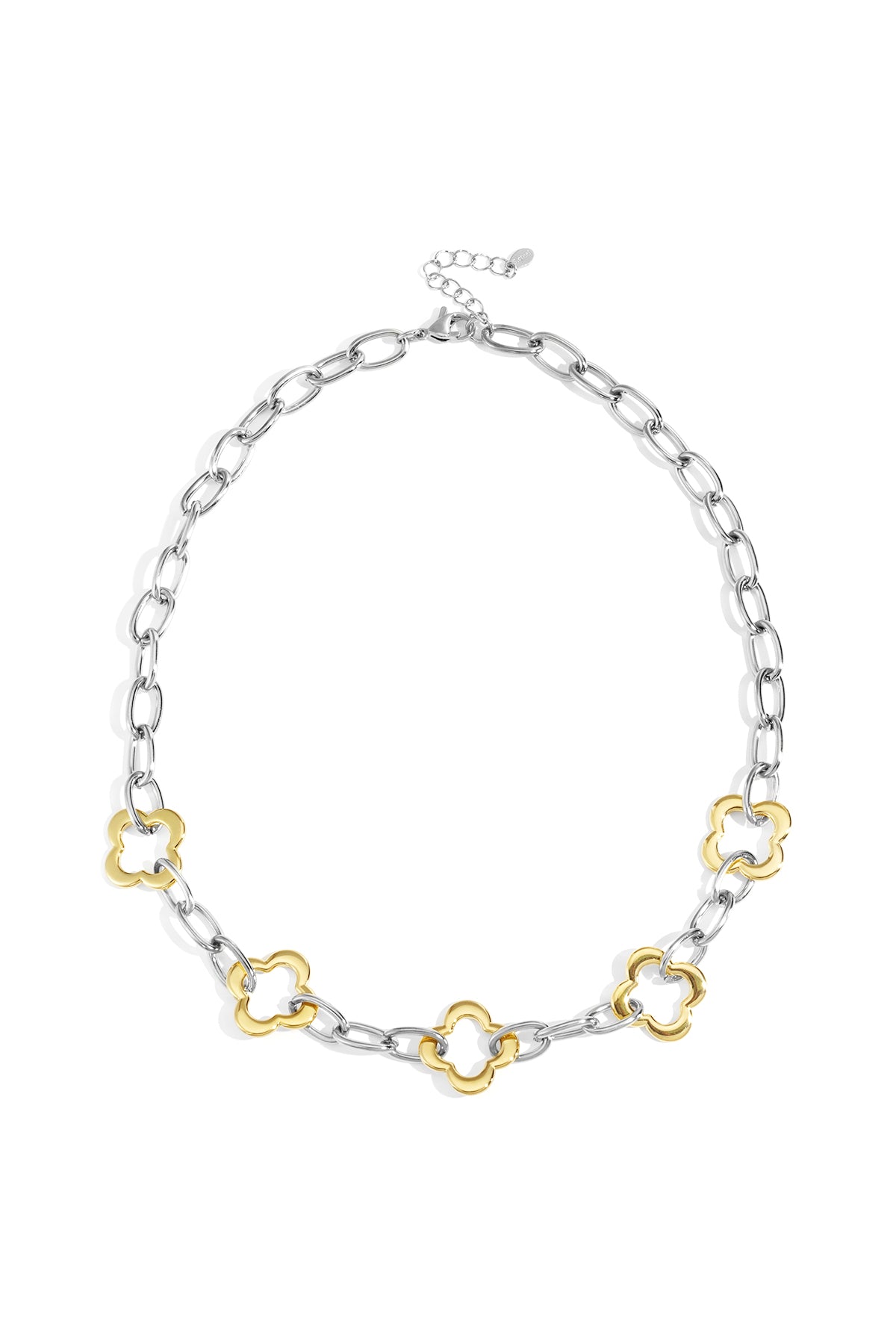 Two-tone clover link chain necklace featuring silver oval links intermixed with gold-tone clover accents, shown on white background