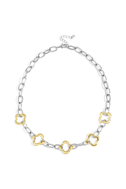 Two-tone clover link chain necklace featuring silver oval links intermixed with gold-tone clover accents, shown on white background