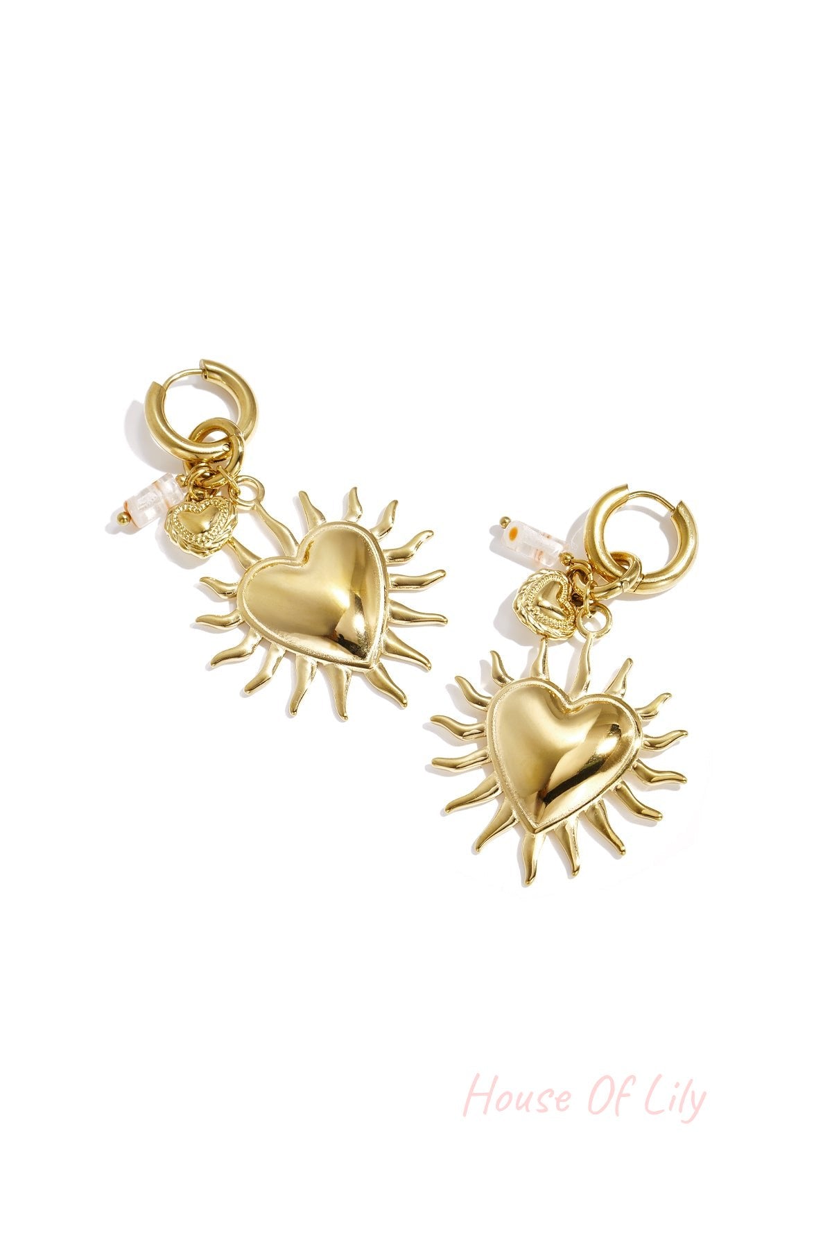 Earrings with sun heart and bead pendant