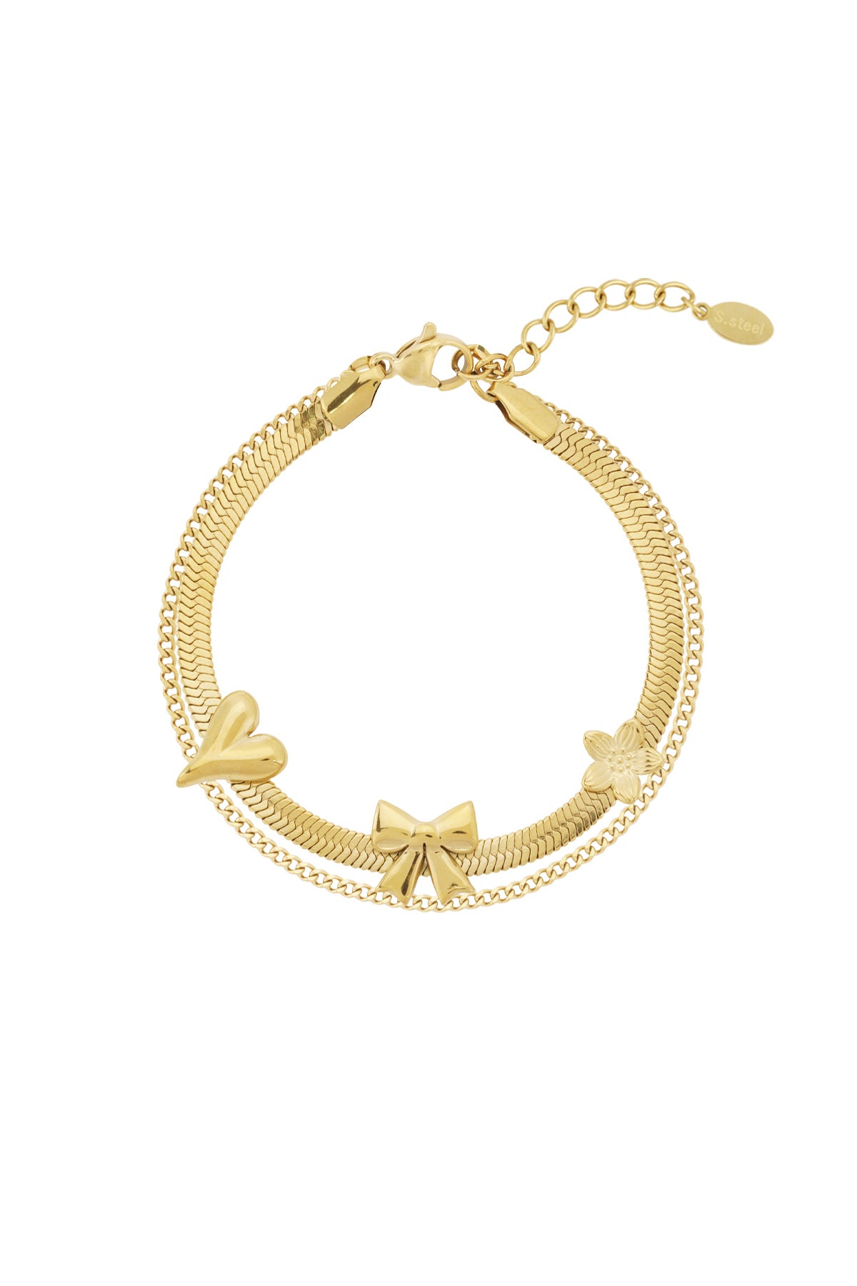 Gold stainless steel charm bracelet with bow, heart, and flower charms on white background