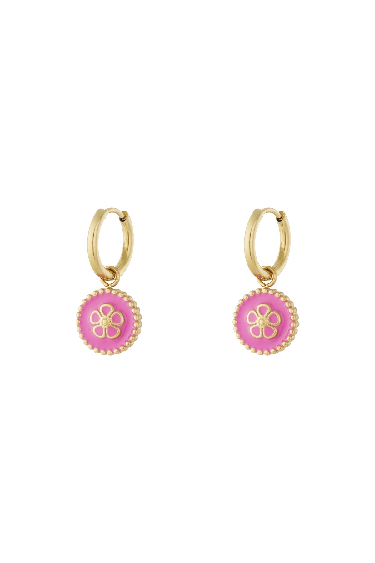 Gold-tone hoop drop earrings with bright pink enamel flower charm against white background