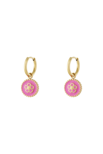 Gold-tone hoop drop earrings with bright pink enamel flower charm against white background