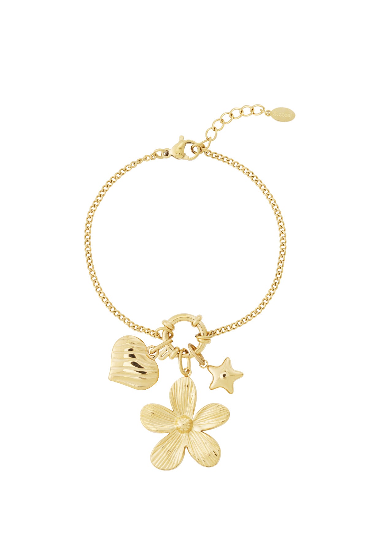 Gold charm bracelet worn on wrist with flower, heart, and star charms arranged on chain