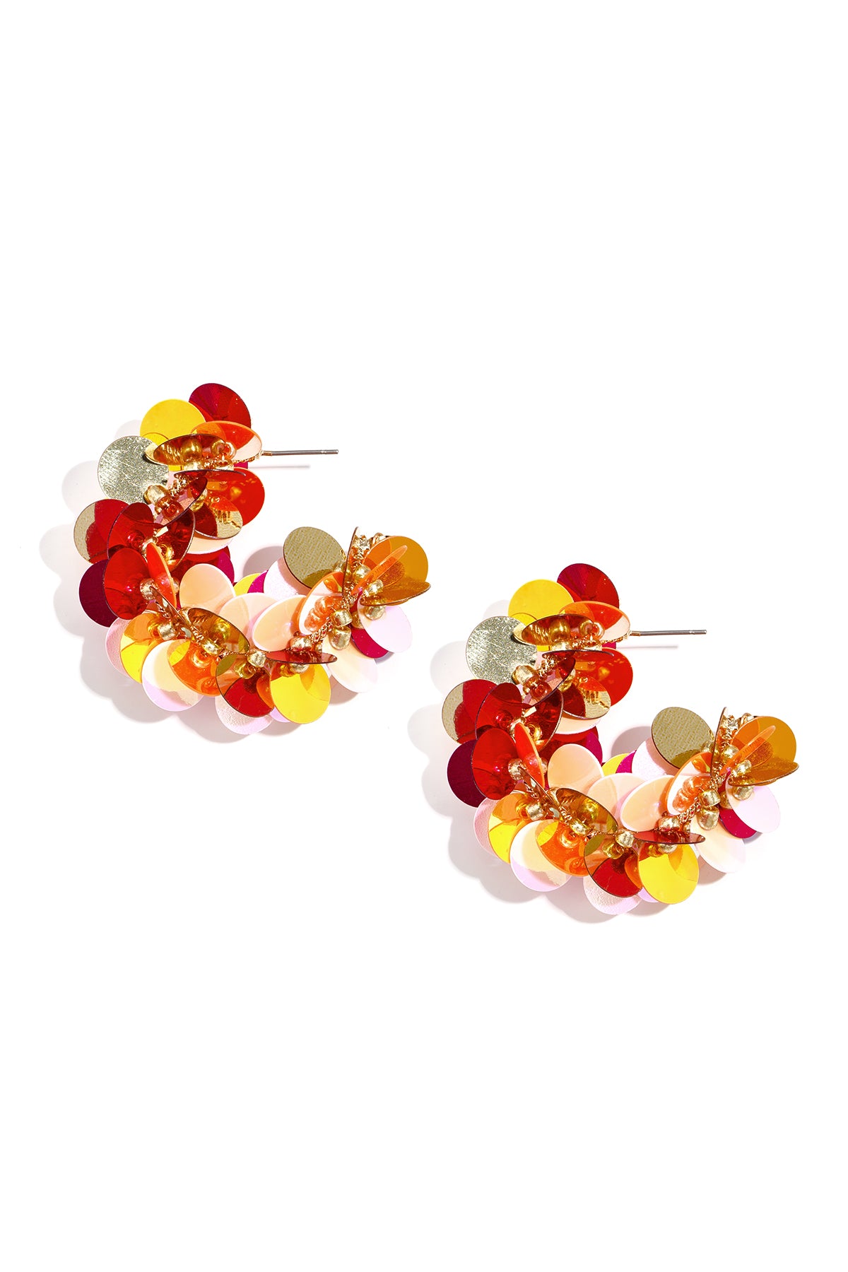 Pair of colorful sequin hoop earrings with red, orange, yellow, pink, and gold circular sequins on white background