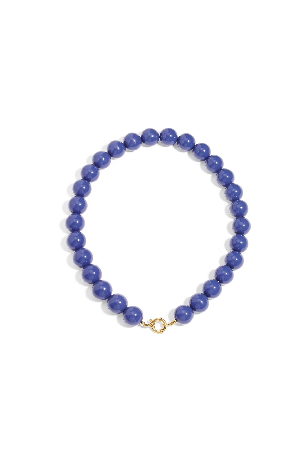Chunky necklace featuring glossy, round, blue resin beads connected by a gold-tone circular front clasp.