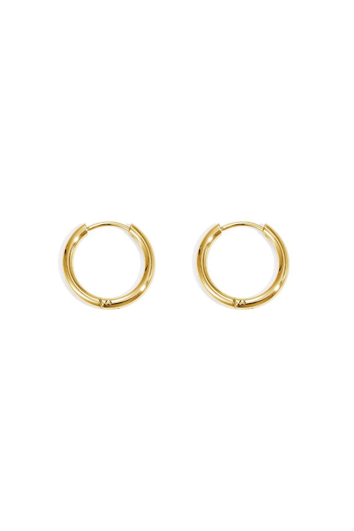 Pair of small gold hoop earrings with smooth rounded design set on a white background