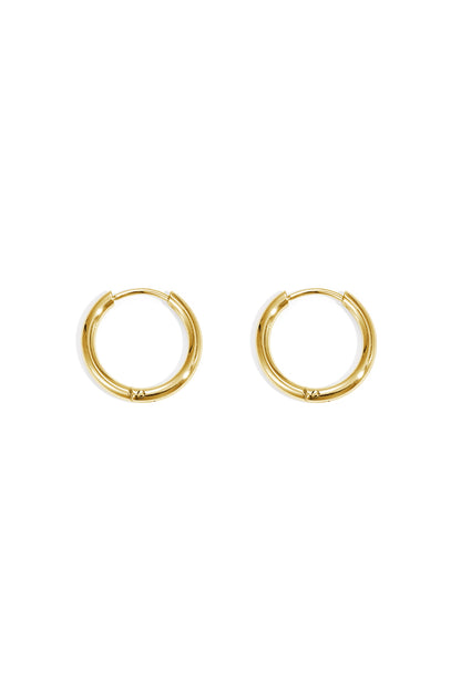 Pair of small gold hoop earrings with smooth rounded design set on a white background