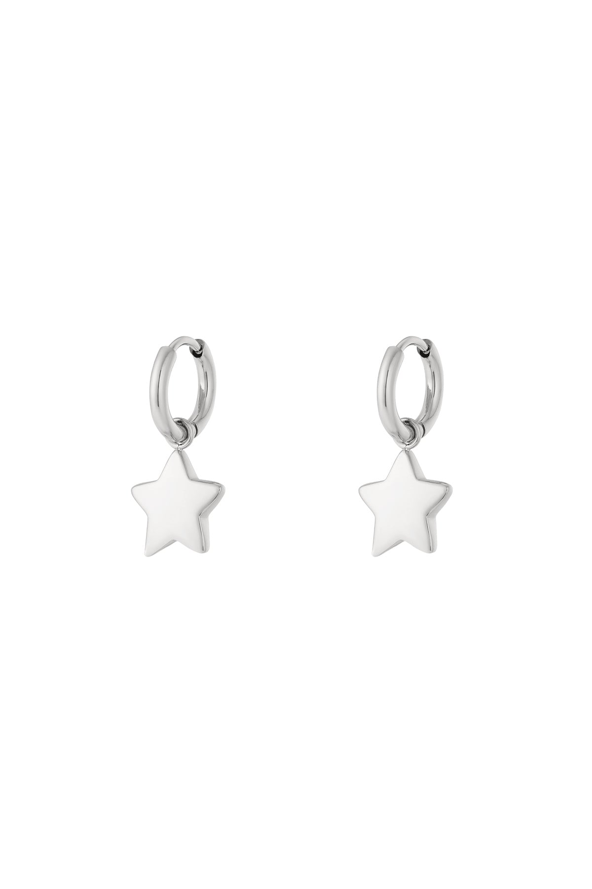 Pair of silver star charm hoop earrings with smooth polished finish