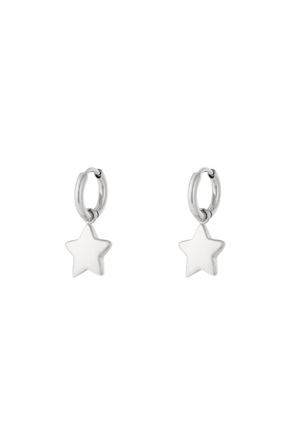 Pair of silver star charm hoop earrings with smooth polished finish