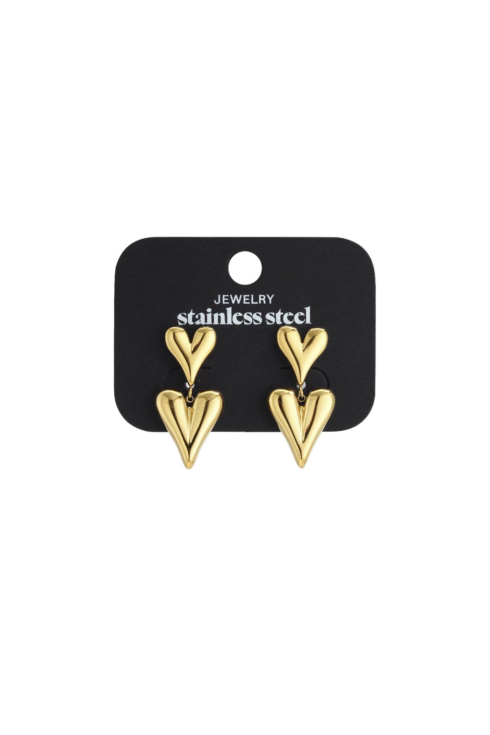 Gold-tone double heart drop earrings on a stainless steel jewelry card. Smooth, puffy heart shapes in a modern style.