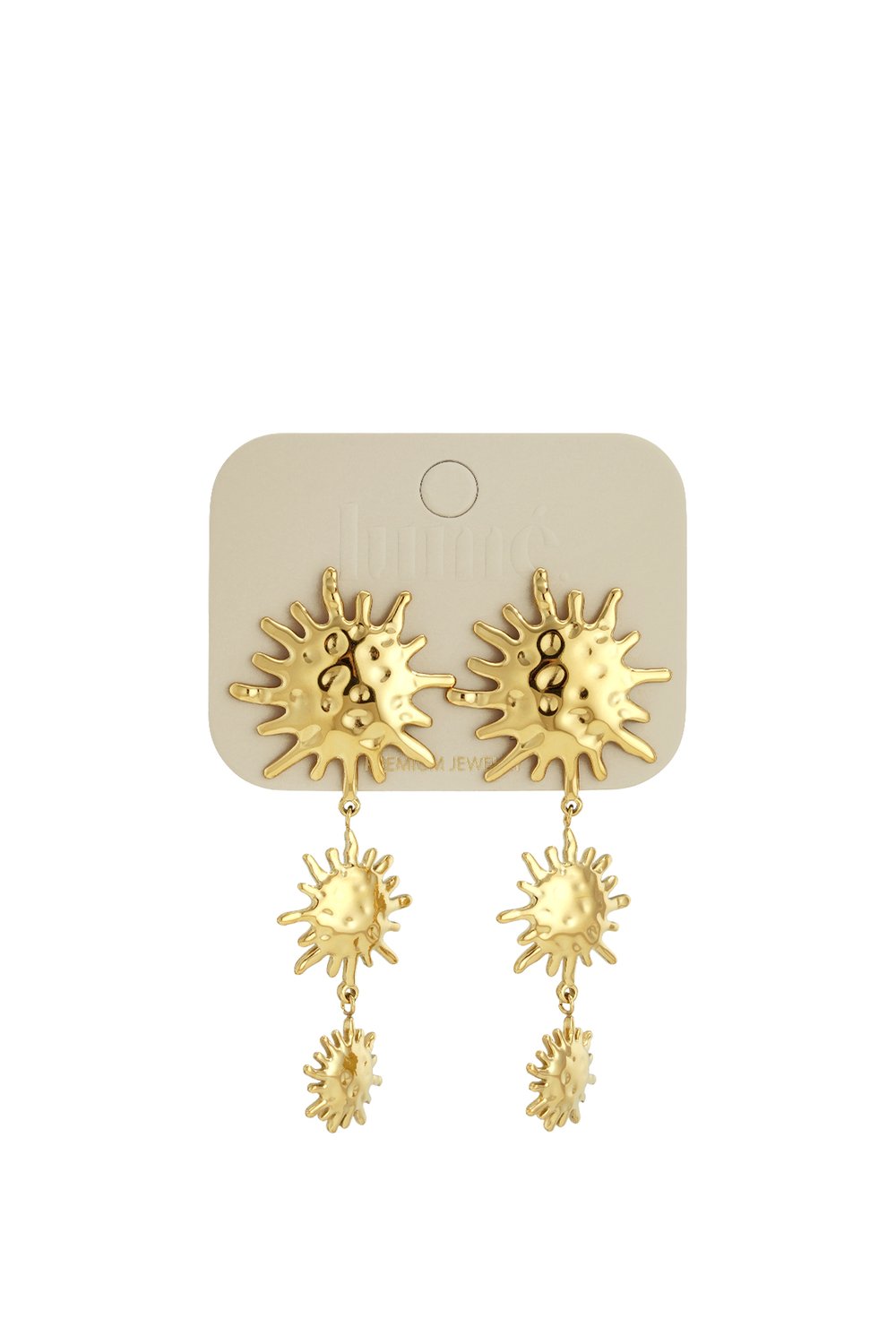 Gold Solar Flare Drop earrings featuring three tiered, textured sunburst charms on each earring.