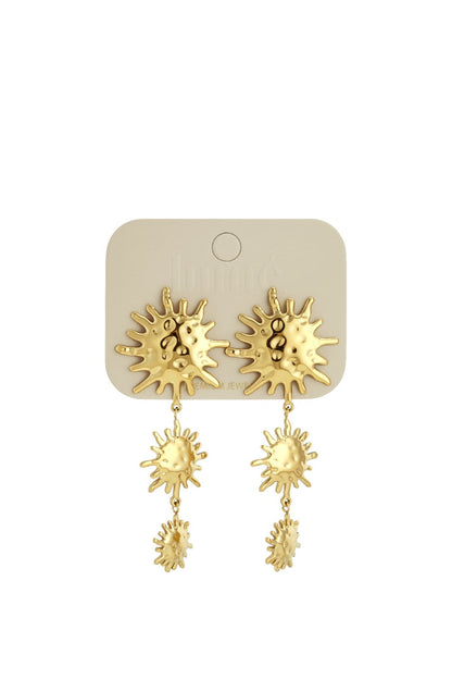 Gold Solar Flare Drop earrings featuring three tiered, textured sunburst charms on each earring.