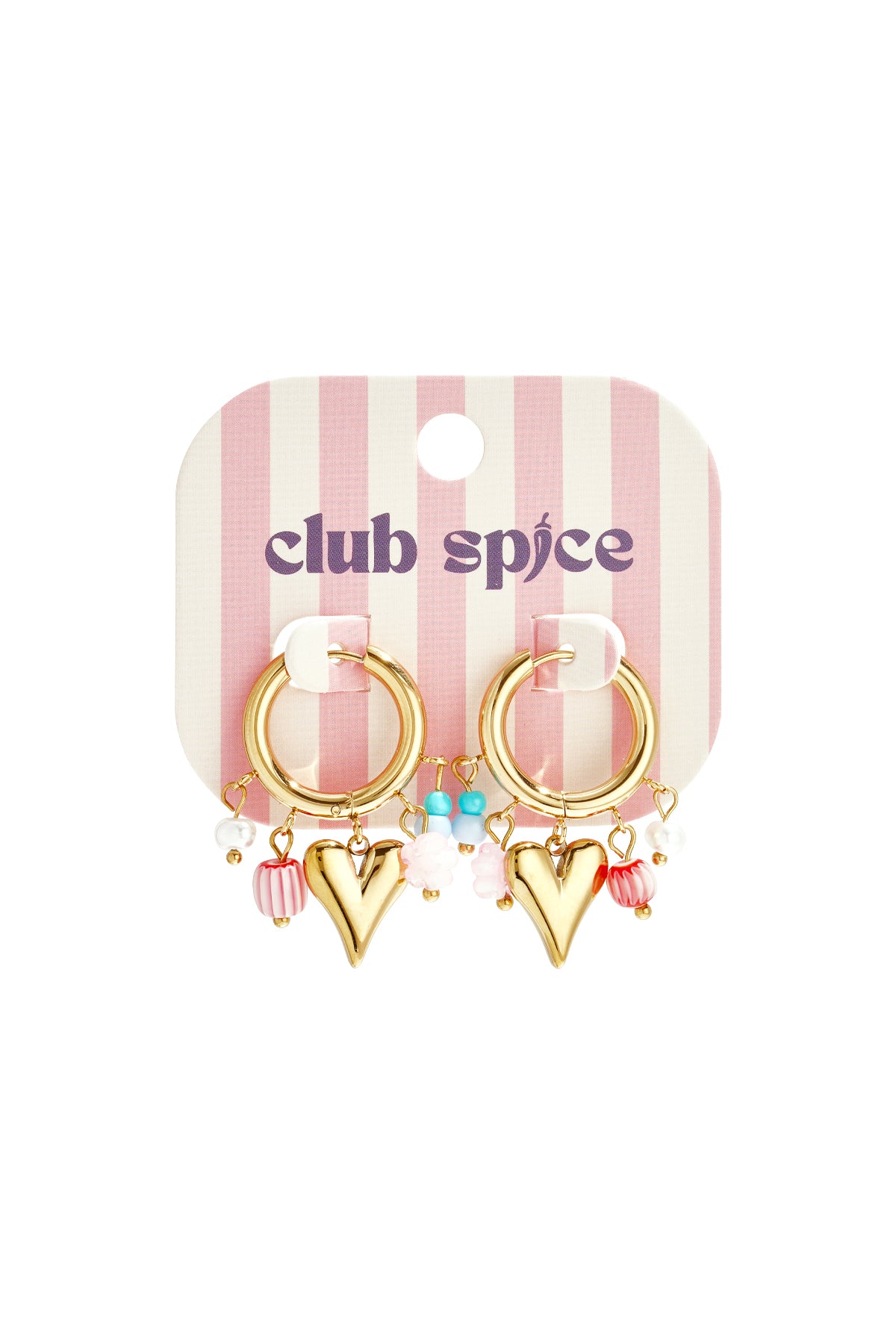 Pair of gold heart charm hoop earrings with pastel beads displayed on a pink striped Club Spice branded card
