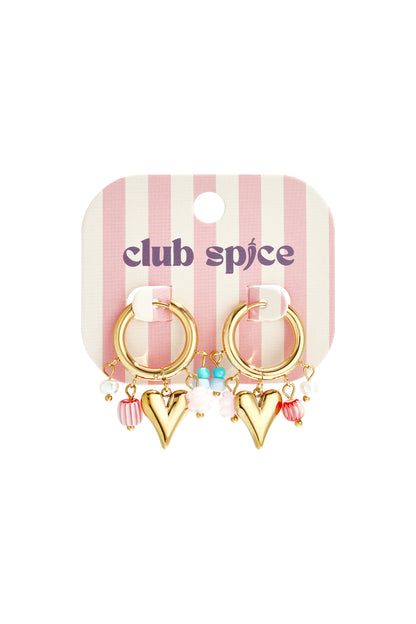 Pair of gold heart charm hoop earrings with pastel beads displayed on a pink striped Club Spice branded card