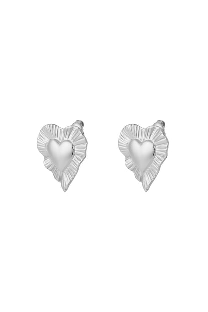 Pair of silver radiant heart stud earrings with ruffled edges displayed on white background