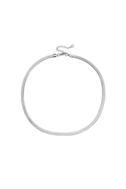 Close-up of silver minimalist chain necklace with smooth flat links on white background