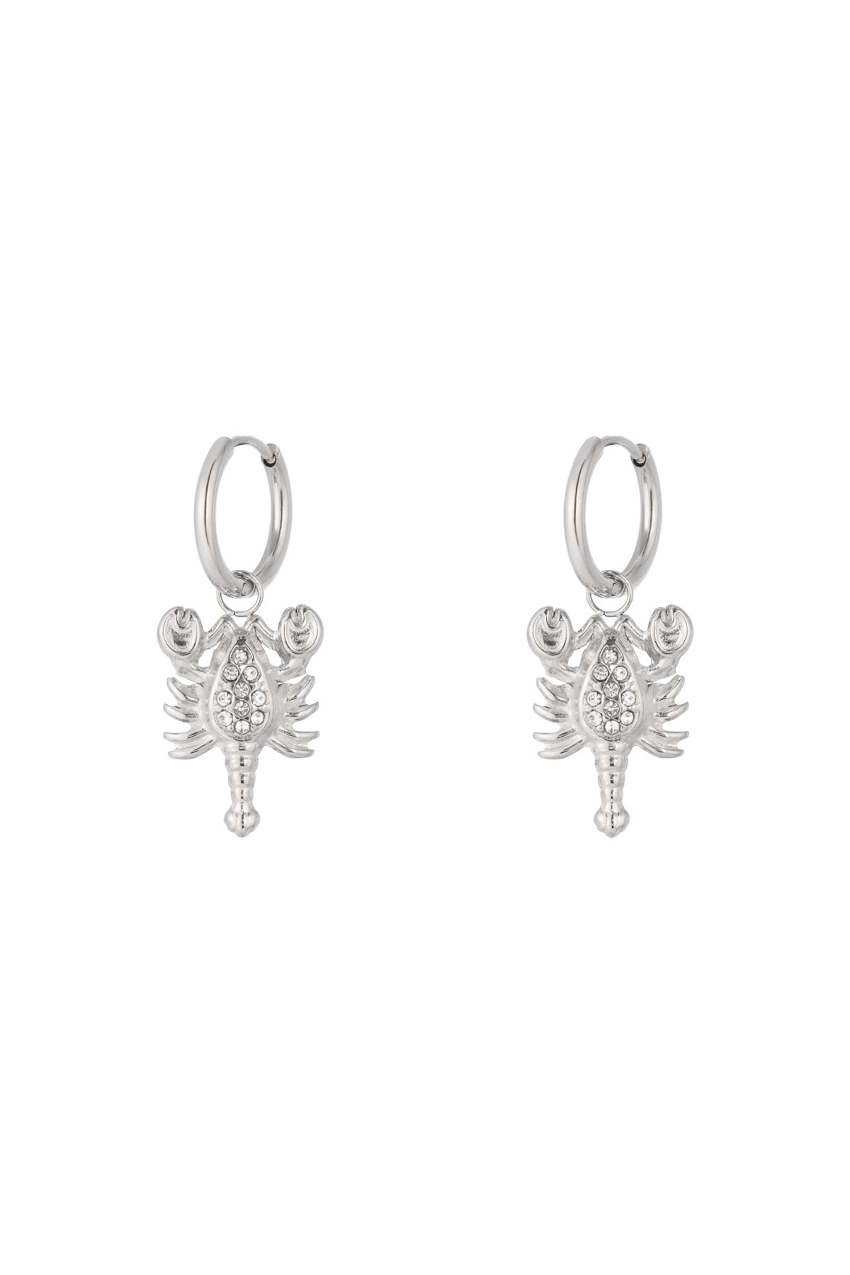 Pair of silver Scorpio charm hoop earrings with rhinestone details on a white background