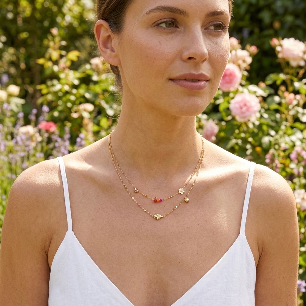 Woman wearing Bloom Heart Duo necklace in a garden, showing the multi-layered charms on her collarbone with natural sunlight and blurred floral background.