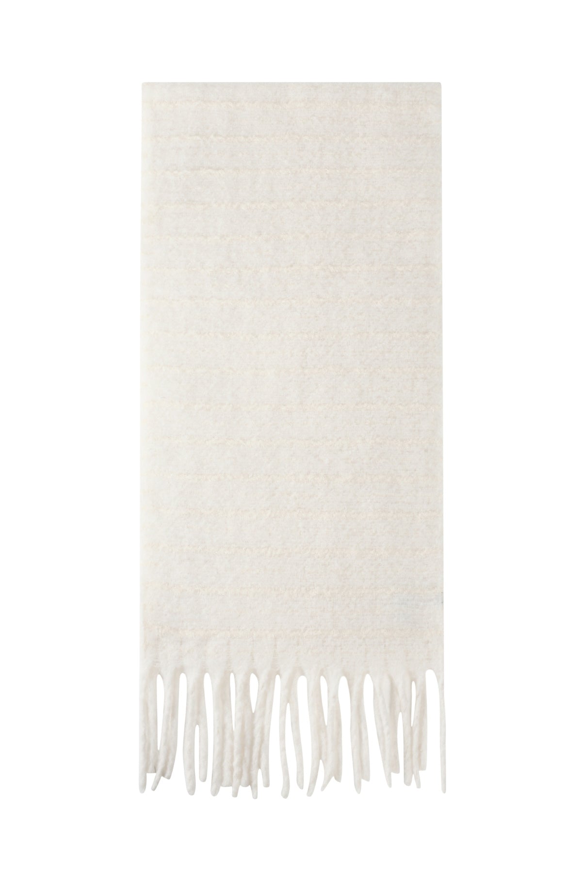 Cream white striped winter scarf with fringe tassels shown flat on white background