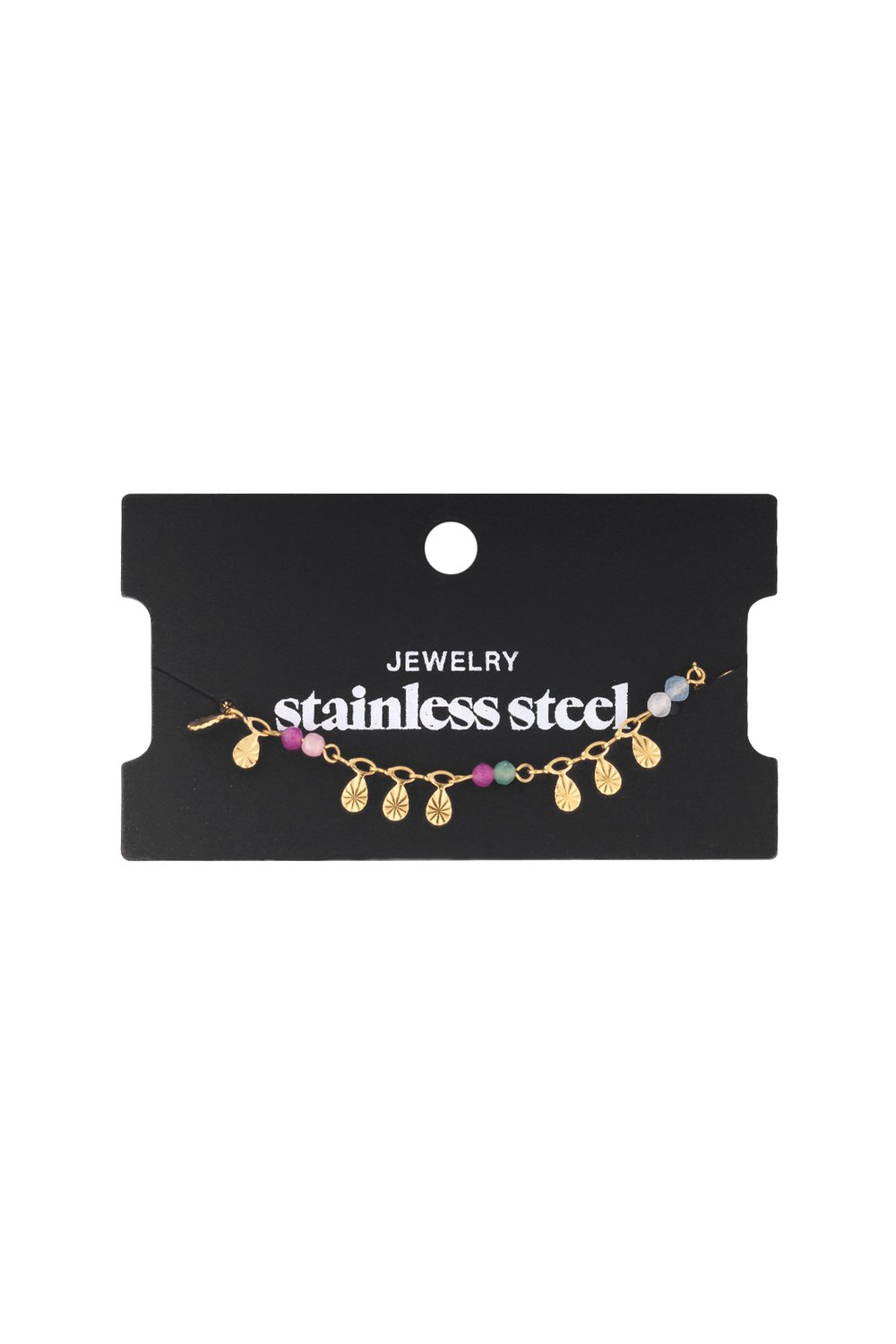Golden Hour Glow gold stainless steel charm bracelet featuring colorful beads and textured, sunburst-shaped pendants.