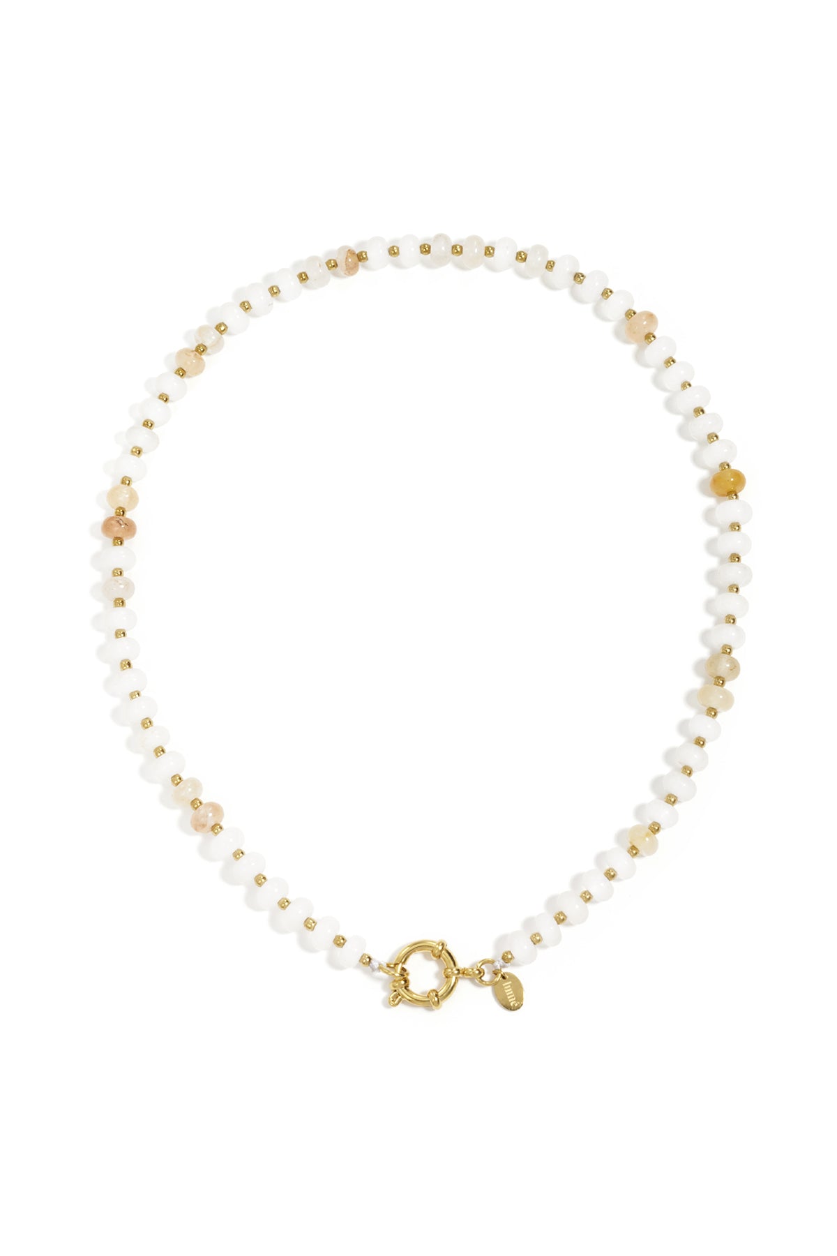 Beaded necklace with small, faceted white and amber stones separated by tiny gold beads and a gold circular clasp.