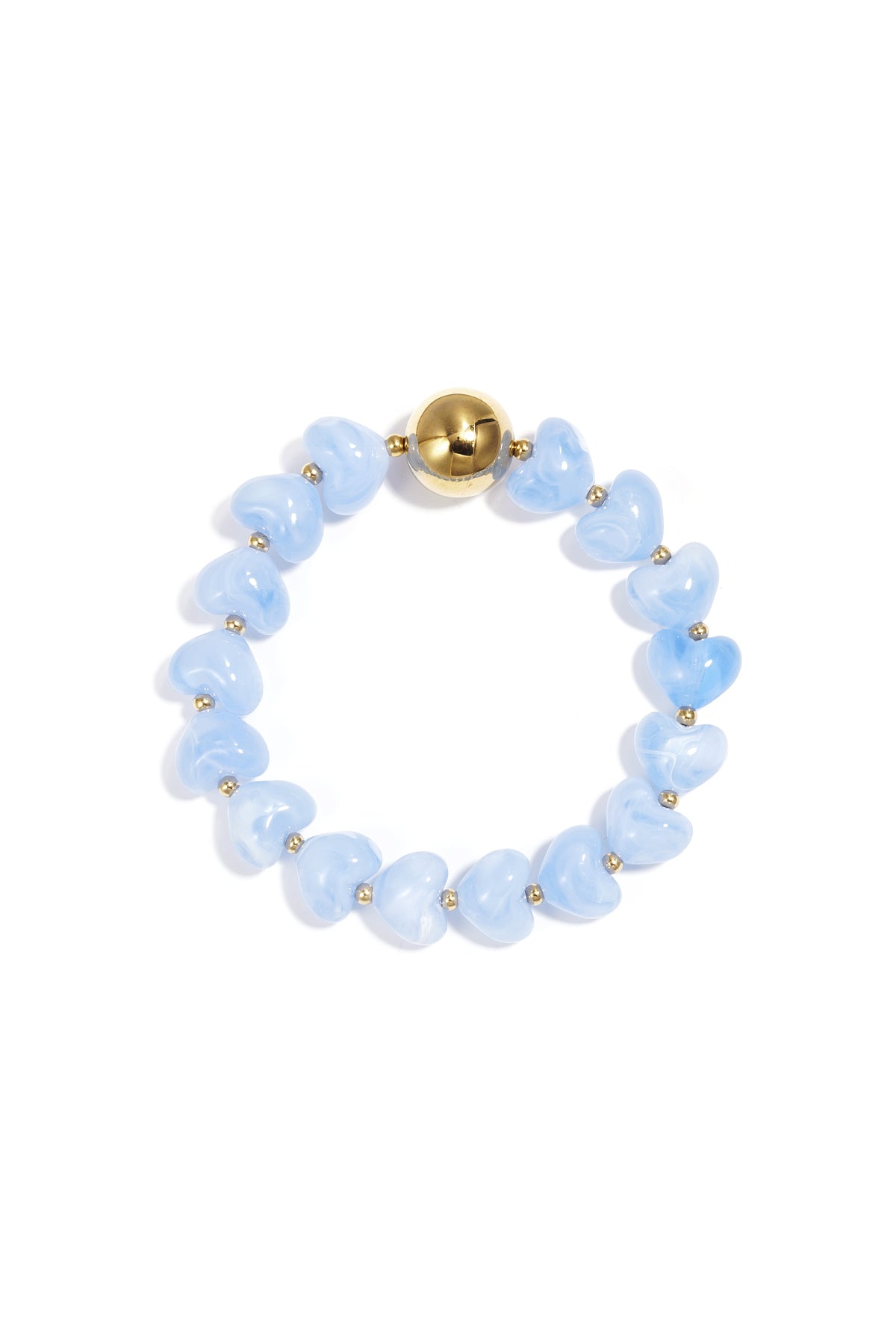 Blue heart-shaped acrylic beaded bracelet with gold bead accent on white background