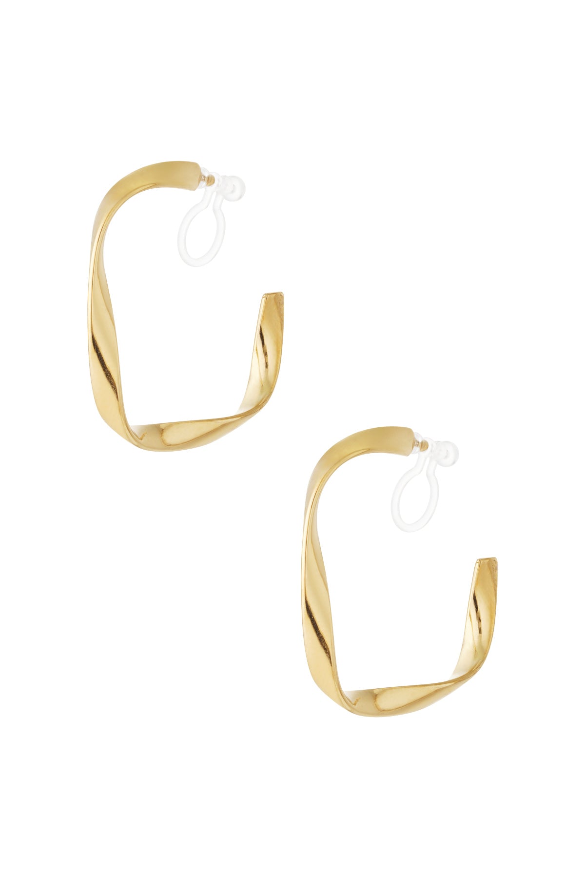 Pair of gold twisted square clip-on earrings with smooth reflective surface