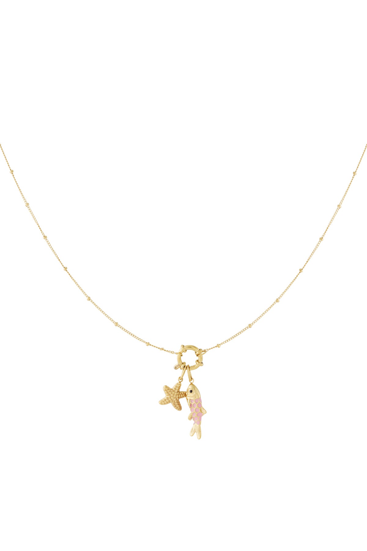 Gold-tone charm necklace worn with crab pendant replaced by with fish and starfish charms, showing customizable charm options