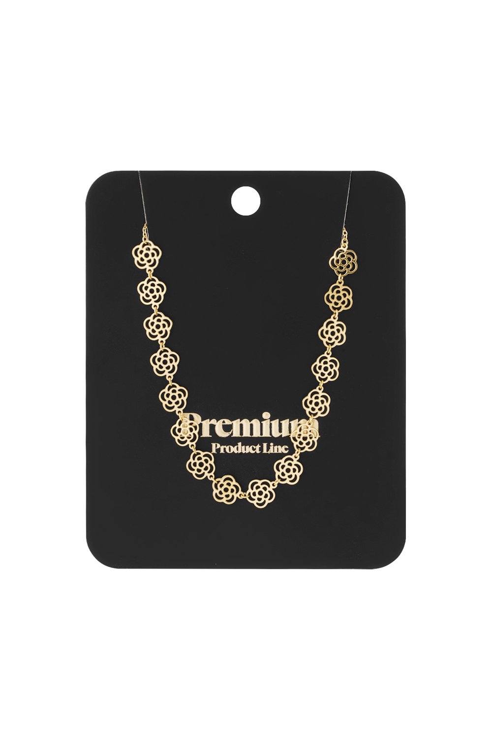 Gold-tone necklace featuring a delicate chain of repeating openwork floral charms on a black display card.