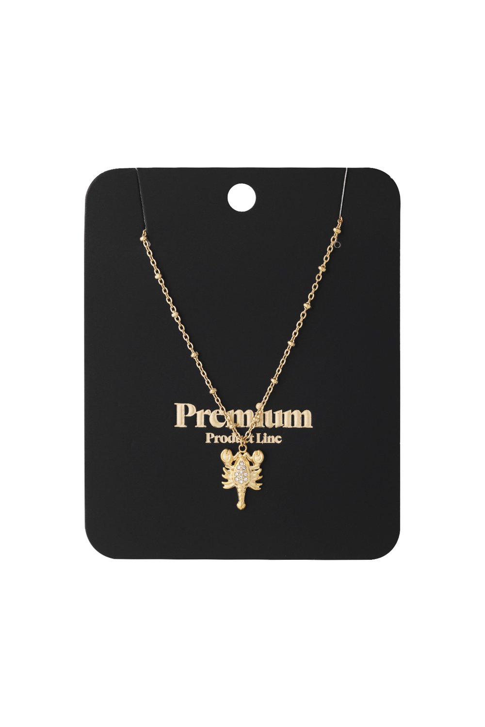 Gold chain necklace with a lobster-shaped pendant featuring small clear rhinestones, displayed on a black backing card.