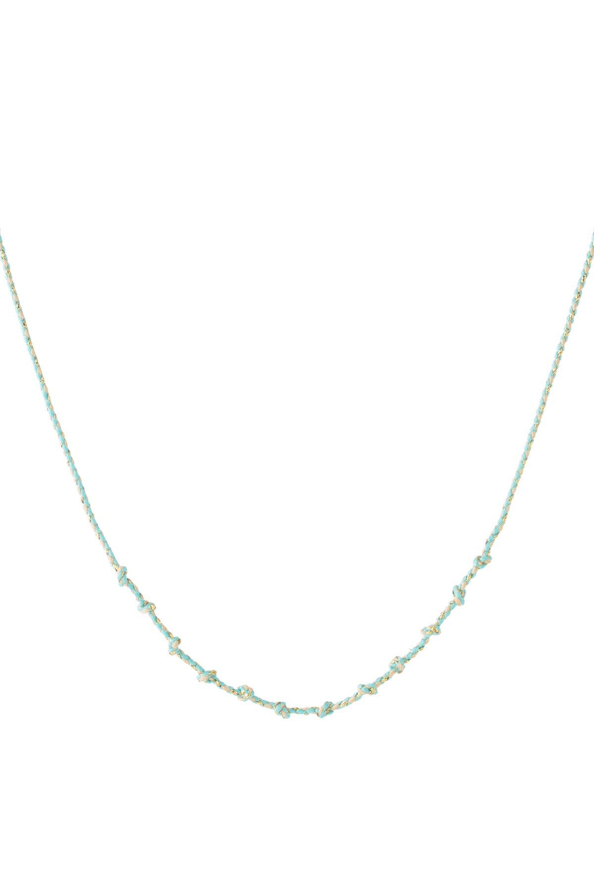 Greenish turquoise knotted cotton necklace with gold accents laid flat on white background