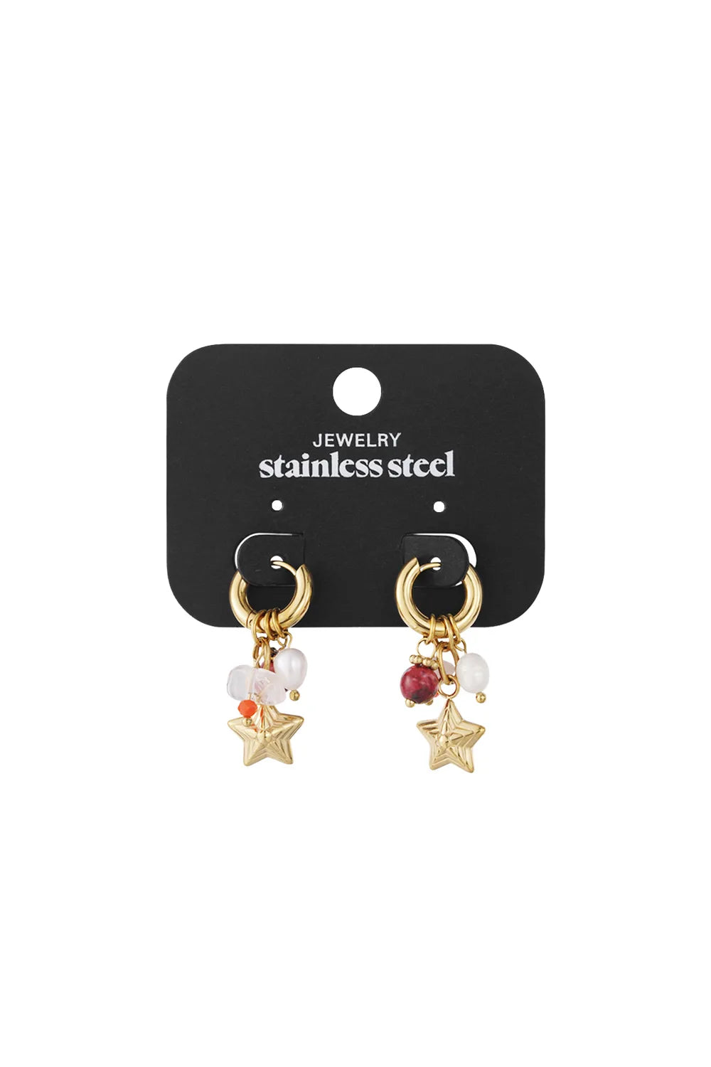 Gold stainless steel hoop earrings with charms including stars, white pearls, and red beads on a black display card.