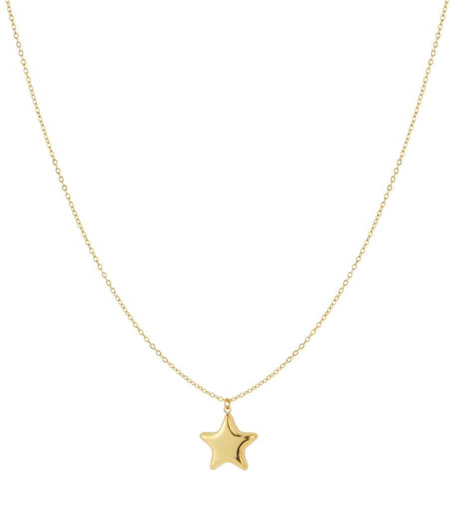 Close-up of a gold star pendant necklace with fine chain on a white background