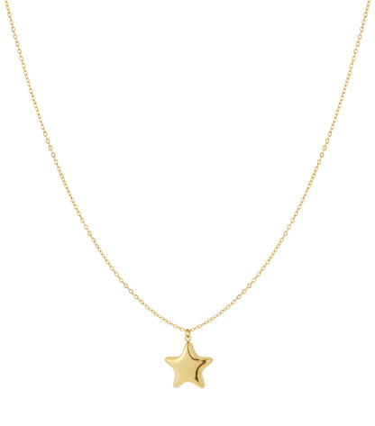 Close-up of a gold star pendant necklace with fine chain on a white background