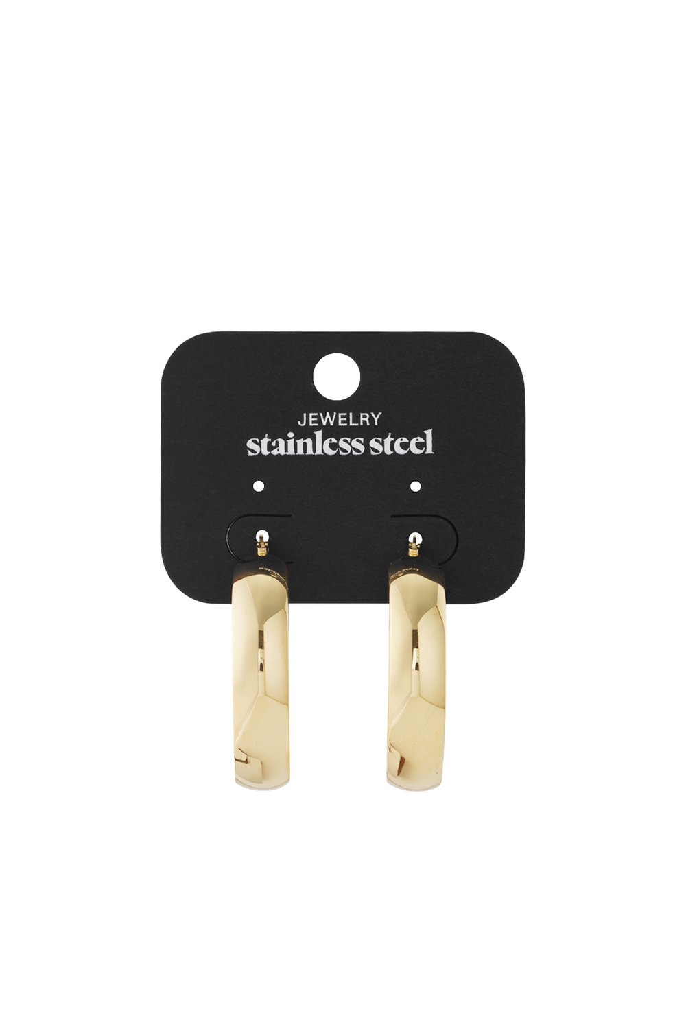 Bold Energy Loops: Shiny gold-toned stainless steel chunky hoop earrings on a black display card.