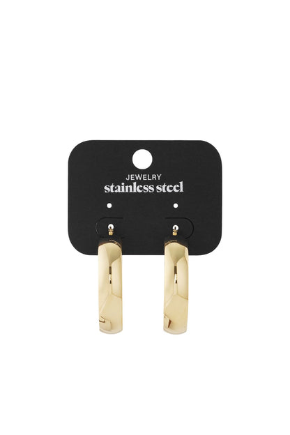 Bold Energy Loops: Shiny gold-toned stainless steel chunky hoop earrings on a black display card.