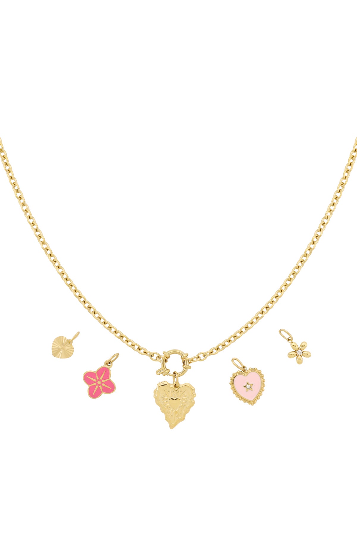 Gold chain necklace with interchangeable heart and flower charms in pink and gold enamel laid flat on white background