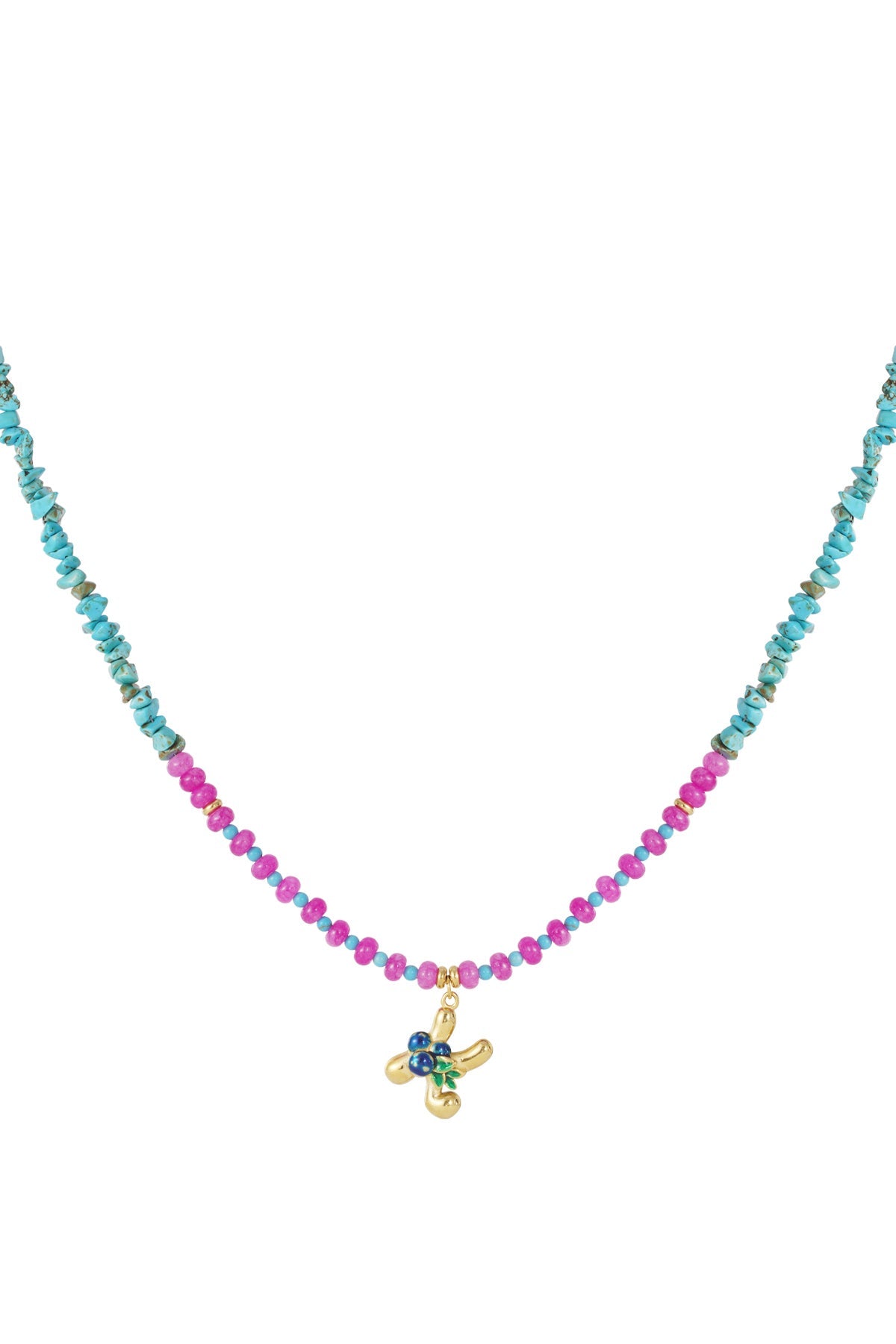 Beaded necklace featuring turquoise chips, pink beads, and a gold-tone initial charm with blue and green accents.